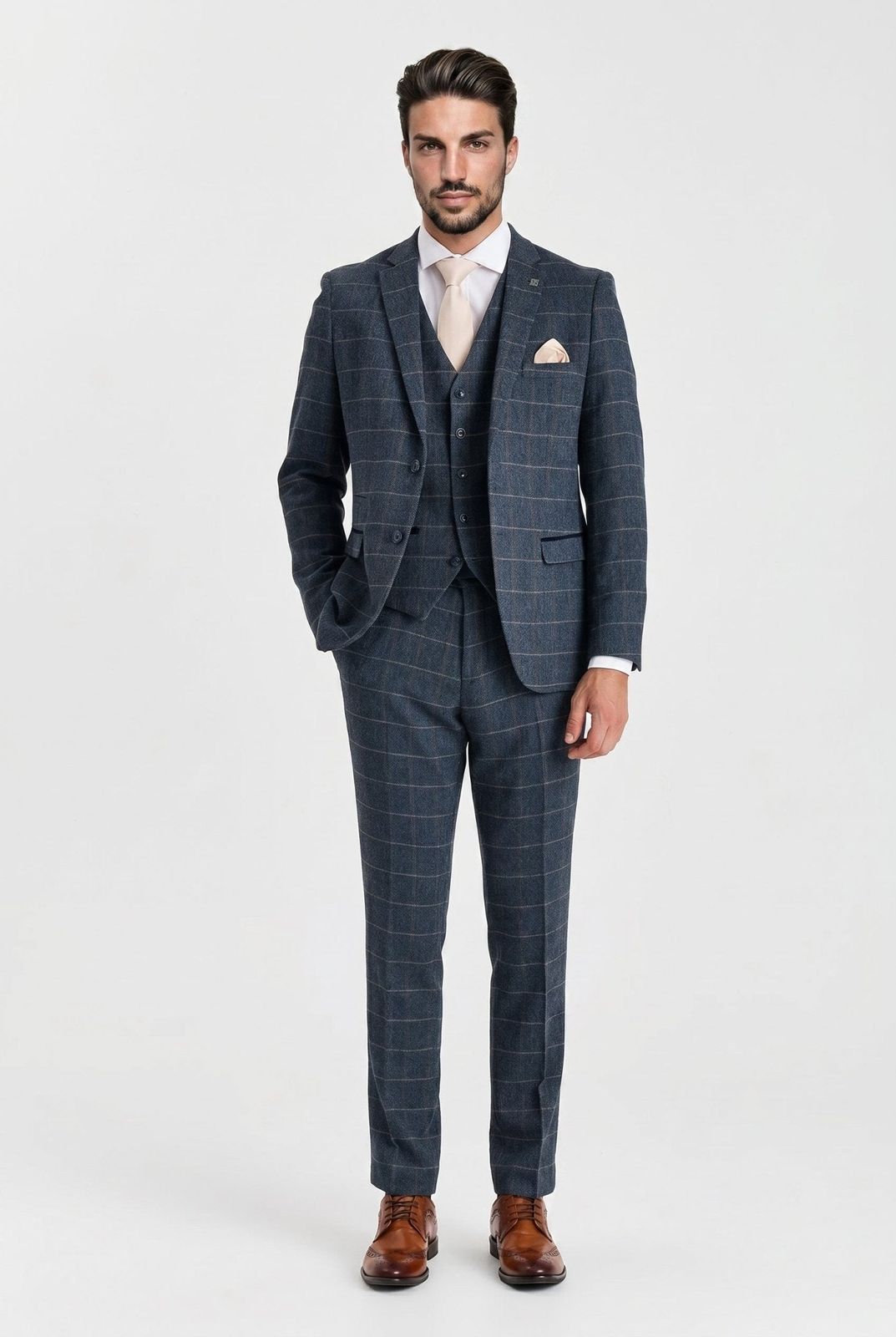 Harris Navy Herringbone Tweed Check Three Piece Suit