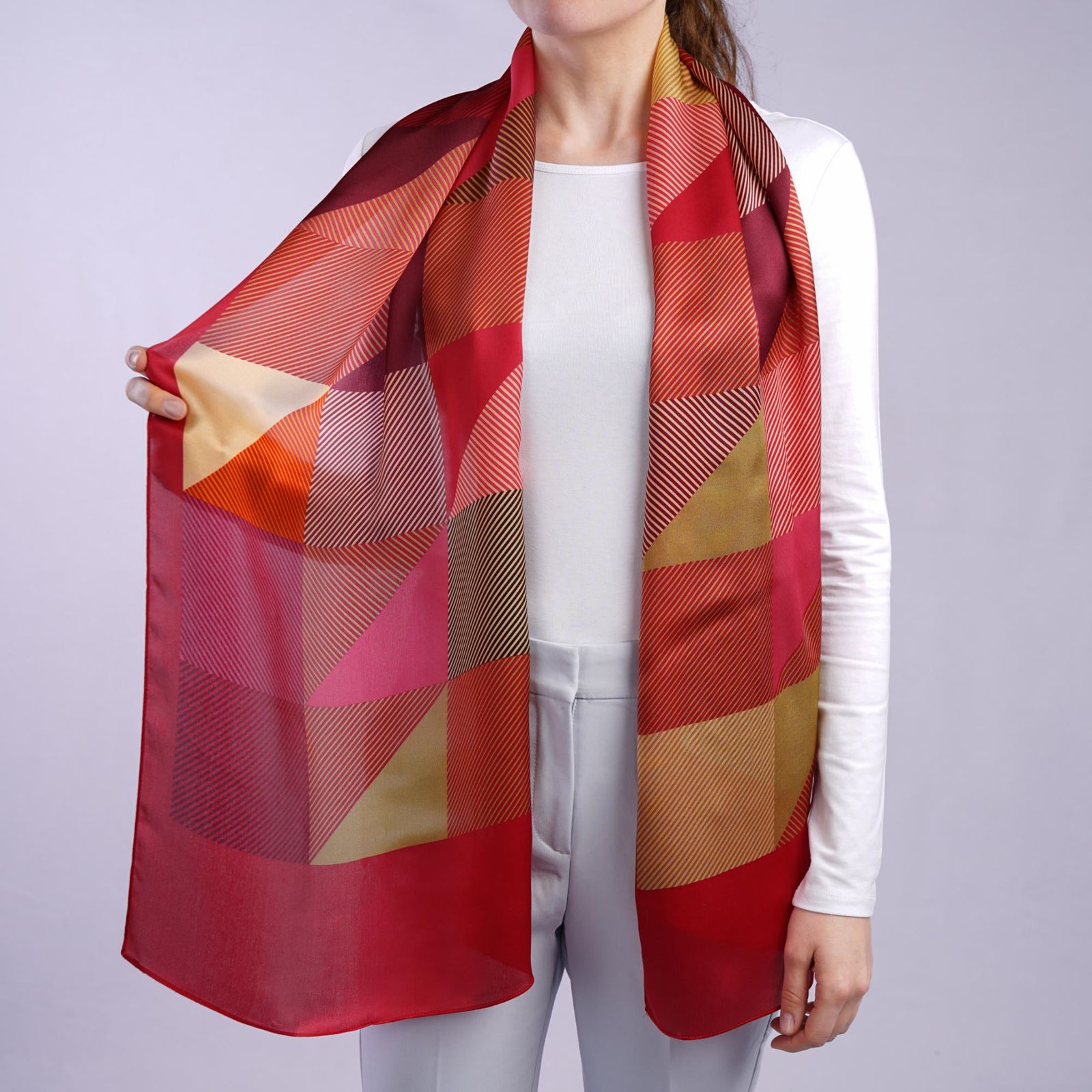 Aria | Silk Charmeuse Scarf - Raspberry & Gold Block Pinstripe