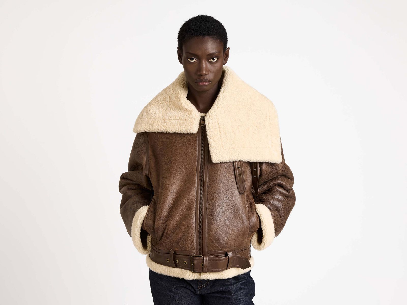 WOMENS SHEARLING LEATHER JACKET IN BROWN