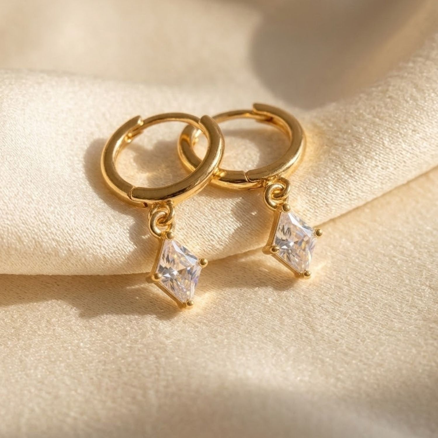 Delicate Dangle Diamond April Birthstone Hoop Earrings | Gold Plated Sterling Silver