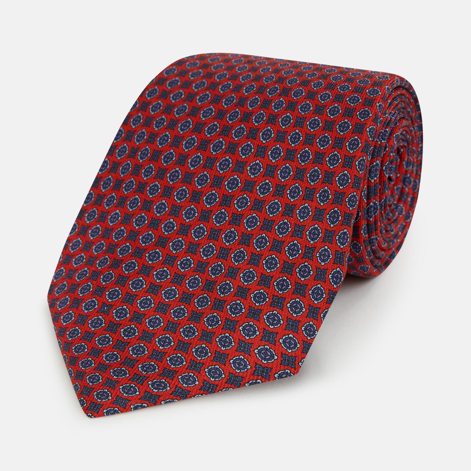 Red and Blue Geometric Floral Silk Tie