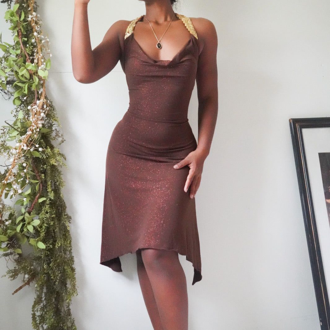 Brown Sparkle Halter Cowl Neck Dress