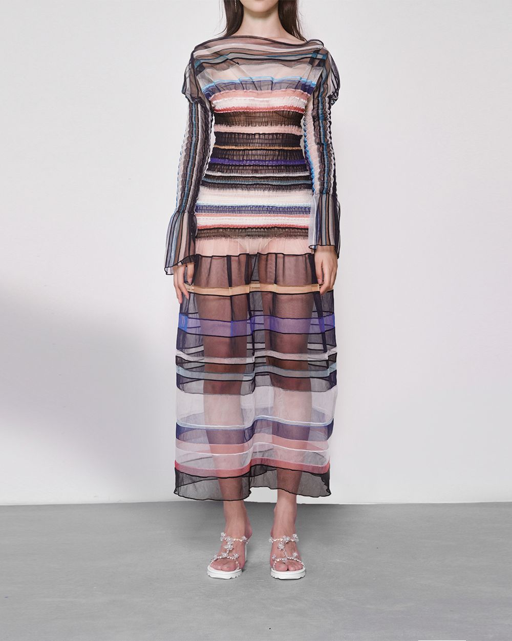 Shirred Stripe Midi Dress