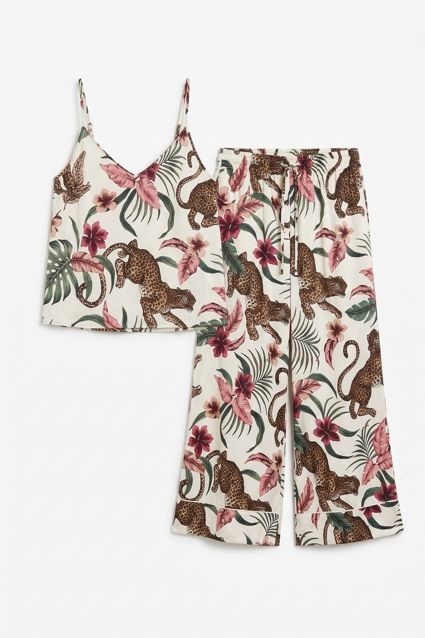 Cami Top & Wide Leg Trouser Set Soleia Leopard Print Cream