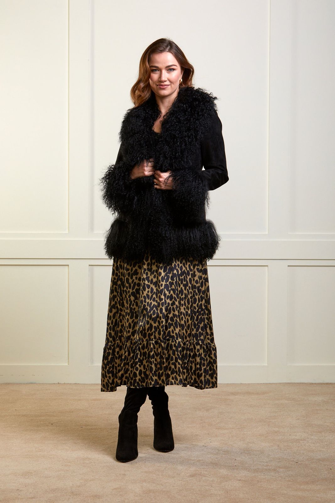 Esme Suede and Mongolian Wool Jacket - Black